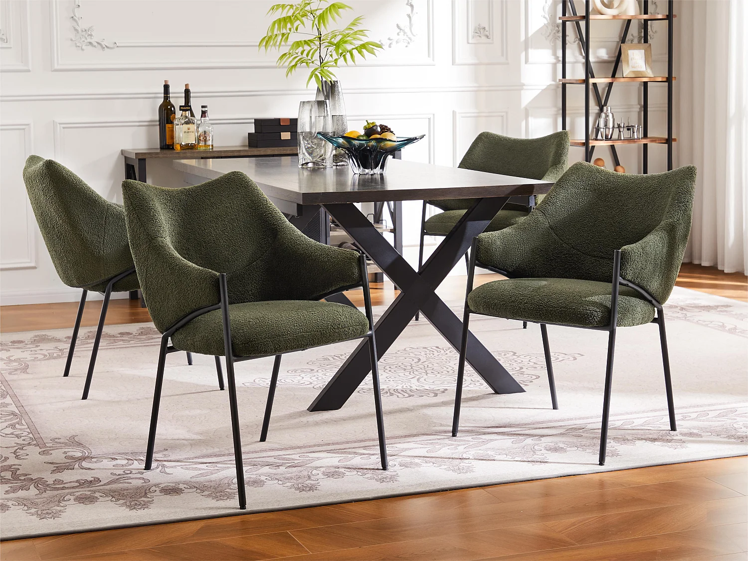 Lot de 4 Chaises de salle à manger avec accoudoirs - tissu en sherpa - style moderne - Vert