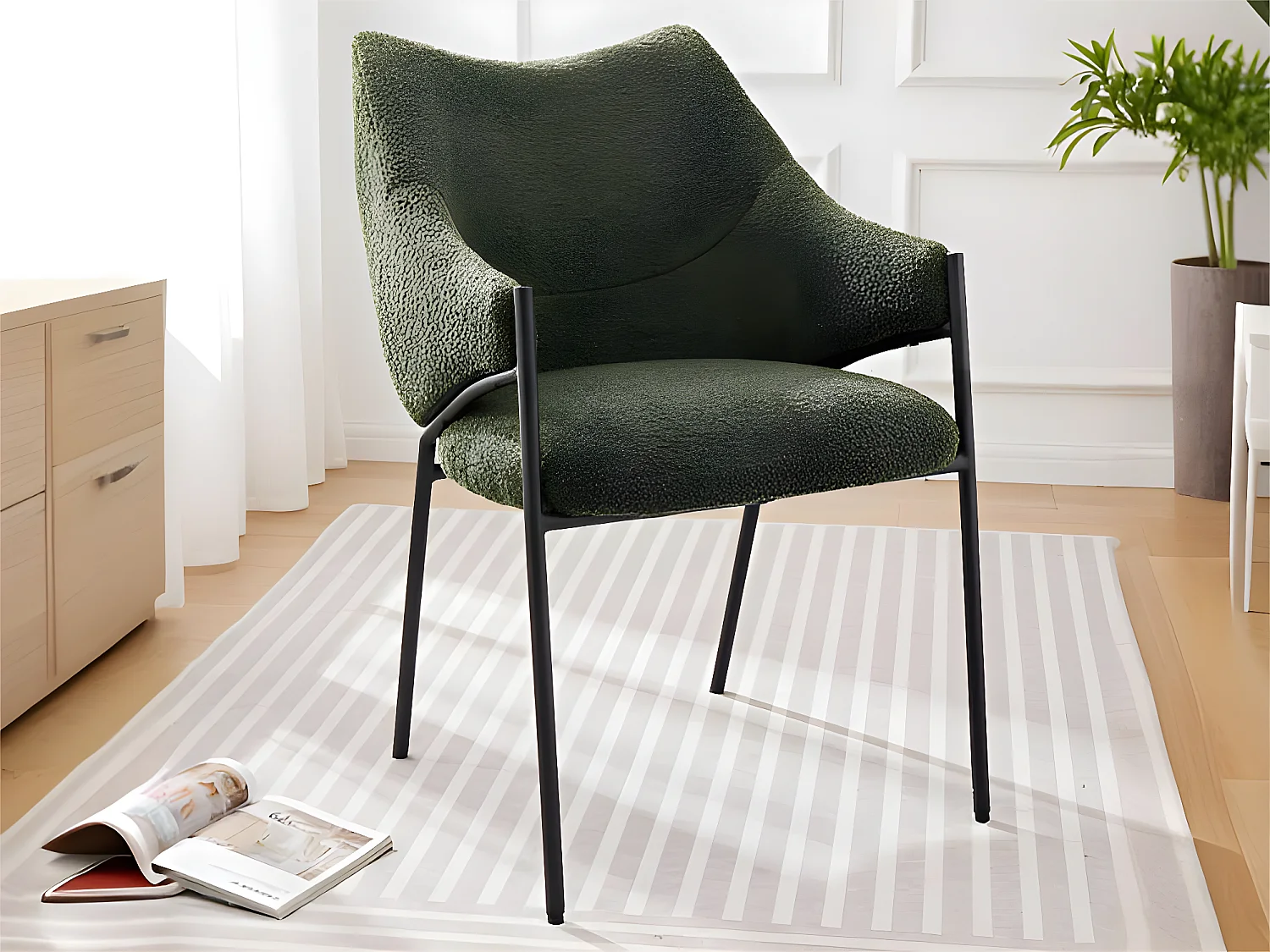 1 Chaise de salle à manger avec accoudoirs - tissu en sherpa - style moderne - Vert