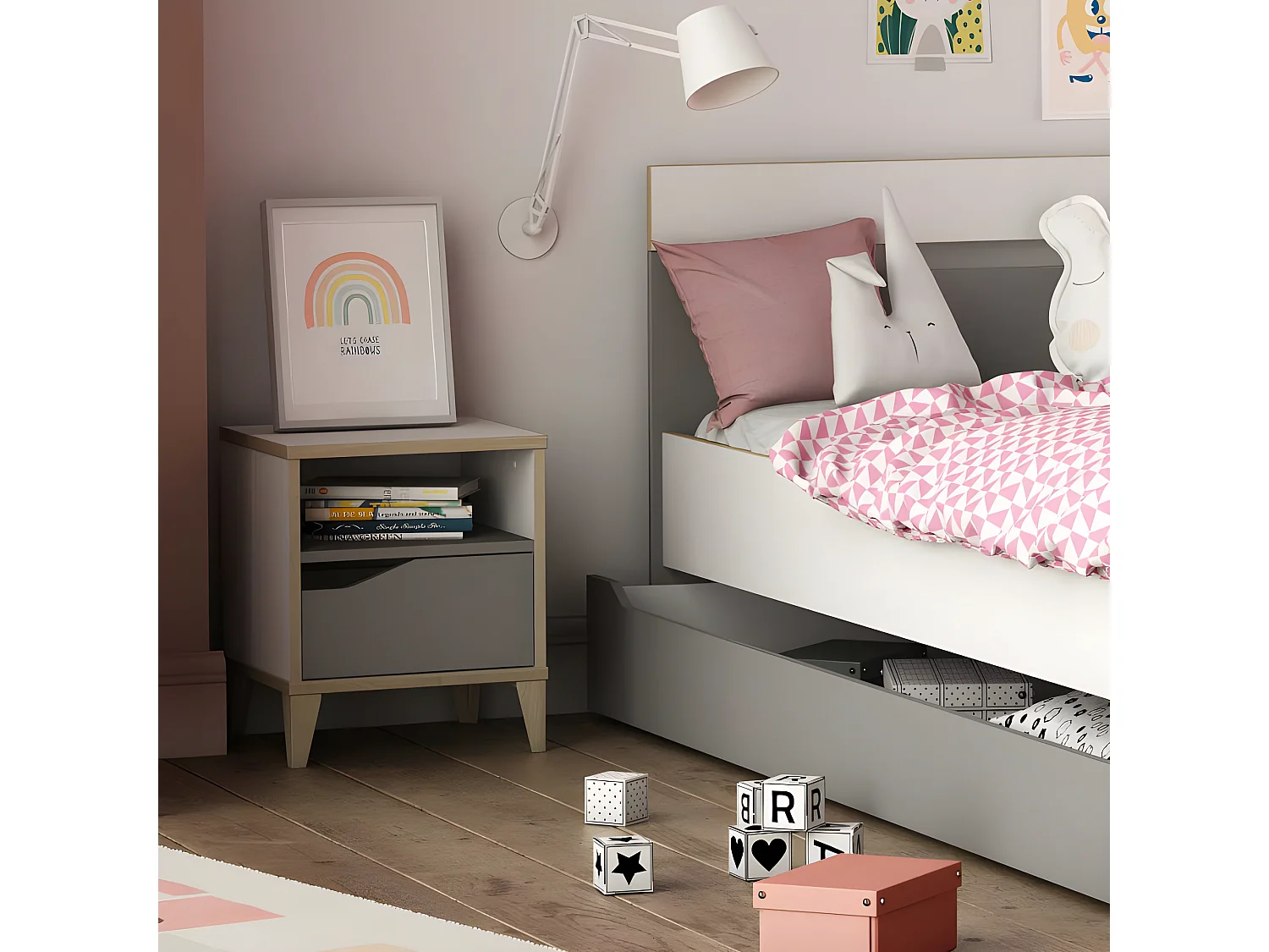 Table de chevet 1 niche 1 tiroir Blanc/Gris - NOAH - L 37 x l 33 x H 44 cm