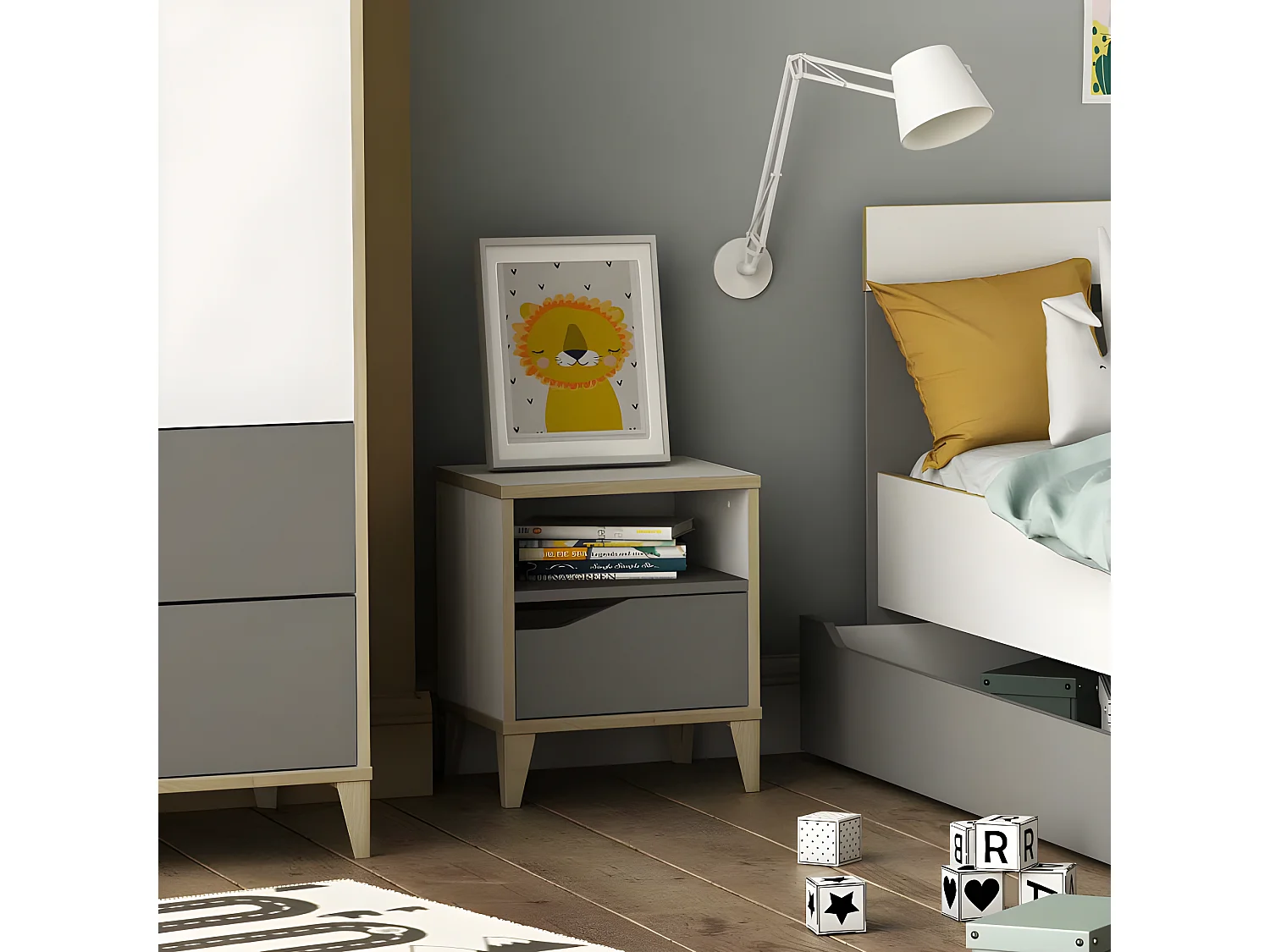 Table de chevet 1 niche 1 tiroir Blanc/Gris - NOAH - L 37 x l 33 x H 44 cm