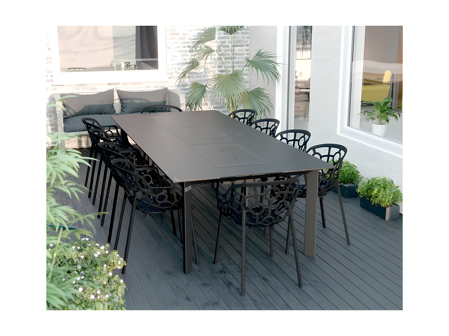 Table de jardin 10-12 personnes 280 X 120 X 75 cm - Noir effet marbré
