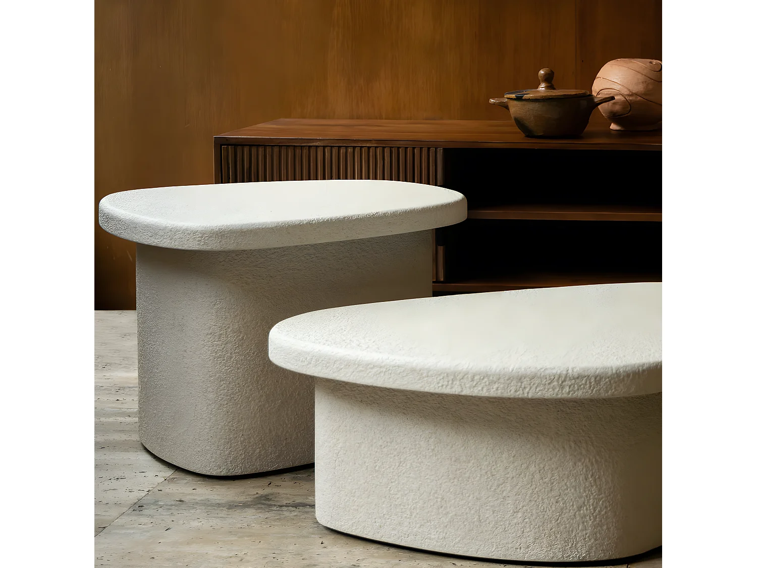 Veda - Table d'appoint organique en marbre recyclé H41cm - Ecru