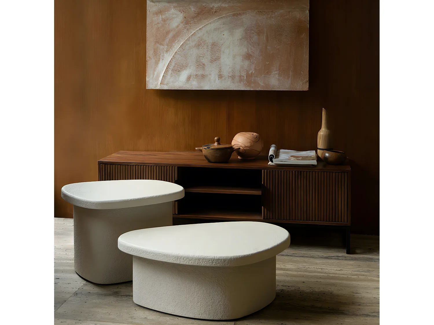 Veda - Table d'appoint organique en marbre recyclé H35cm - Ecru