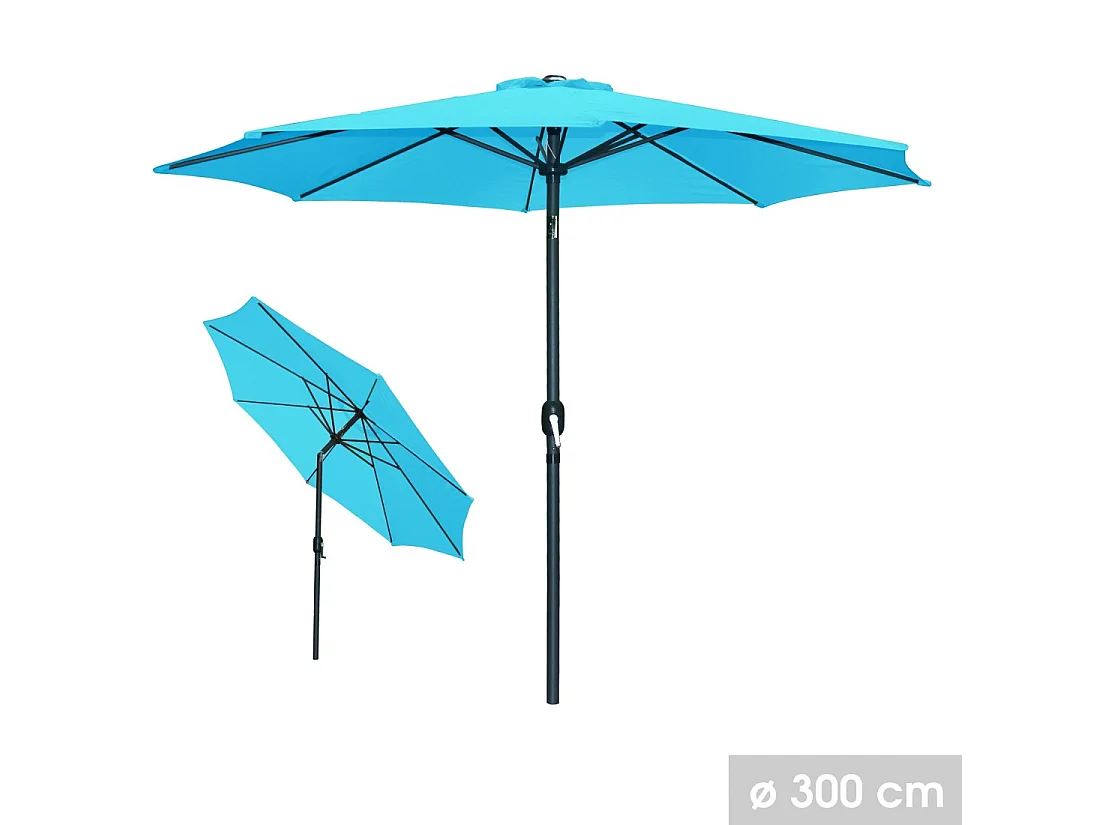 Parasol inclinable rond bleu turquoise Ø300 cm – Mât aluminium gris anthracite et toile déperlante