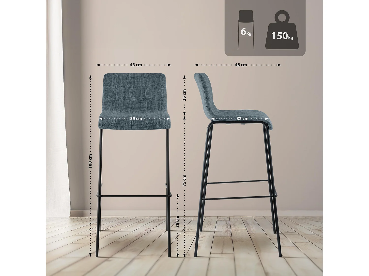 Lot de 2  Tabouret de bar - Tissu & Noir - Bleu - Hover