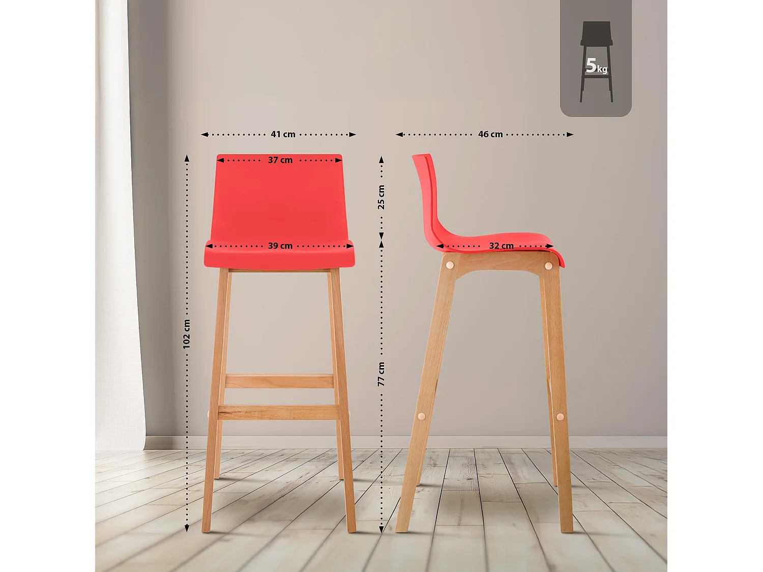 Lot de 2  Tabouret de bar - Bois - Rouge - Hover