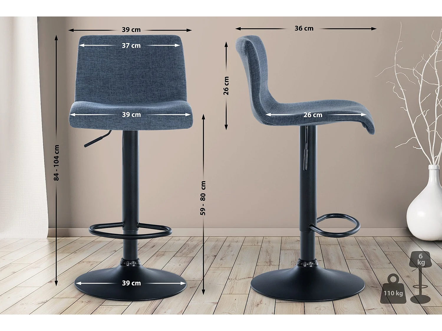 Barhocker - Stoff & Metall matt schwarz - blau - Branford