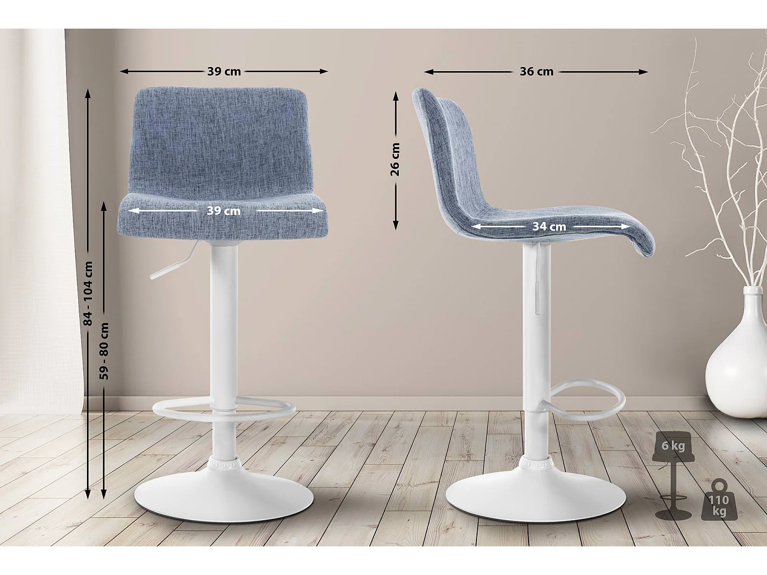 Tabouret de bar - Tissu & Métal blanc mat - Bleu - Hover