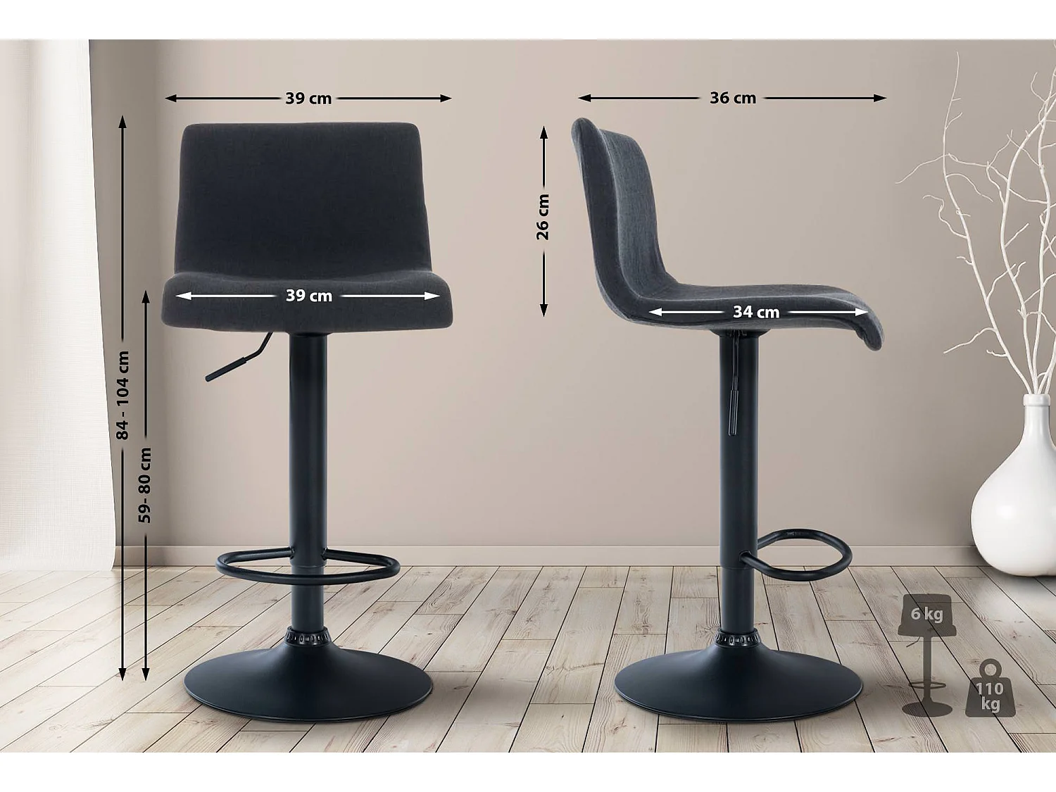 Tabouret de bar - Tissu & Métal noir mat - Noir - Hover