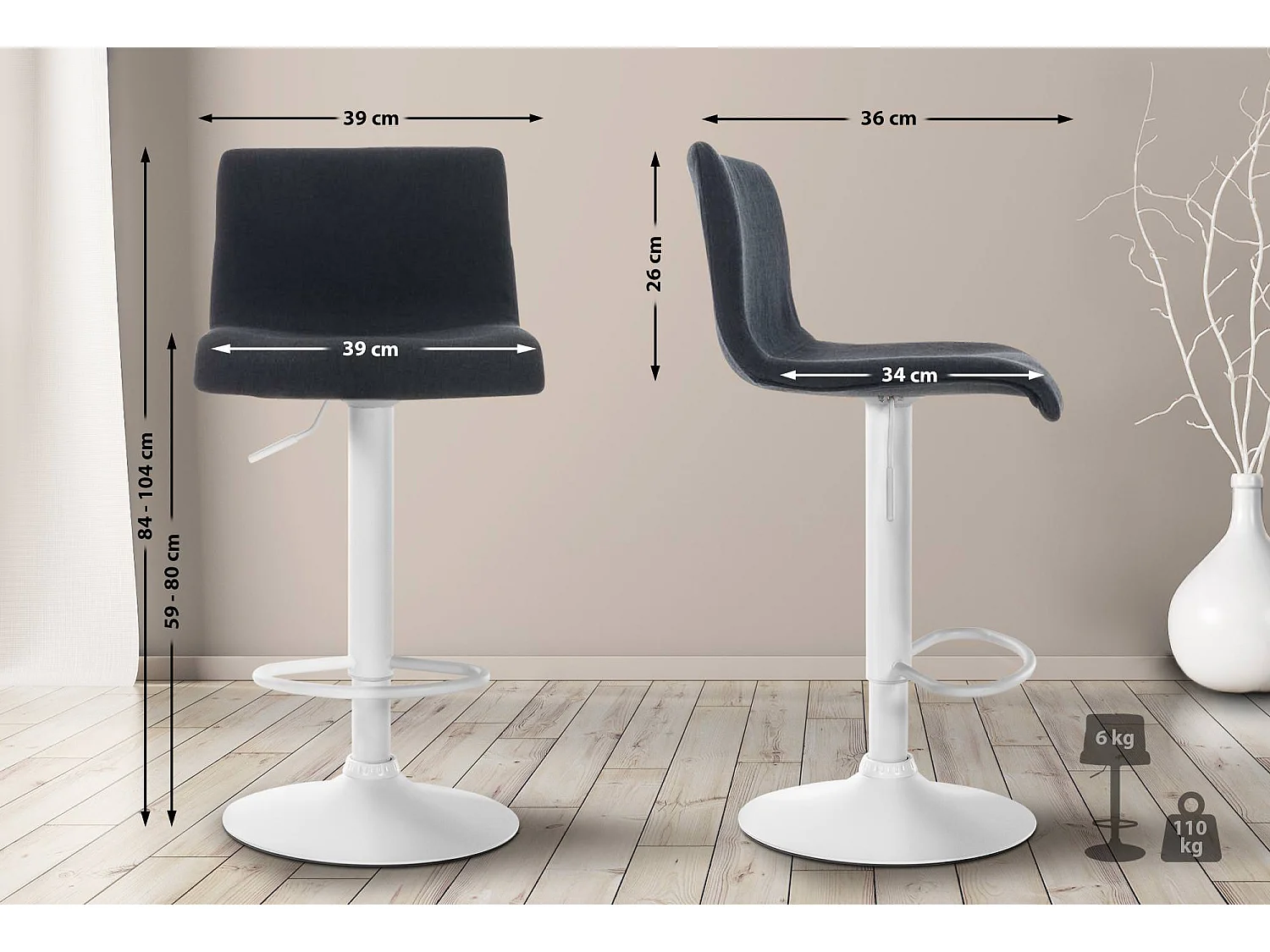 Tabouret de bar - Tissu & Métal blanc mat - Noir - Hover