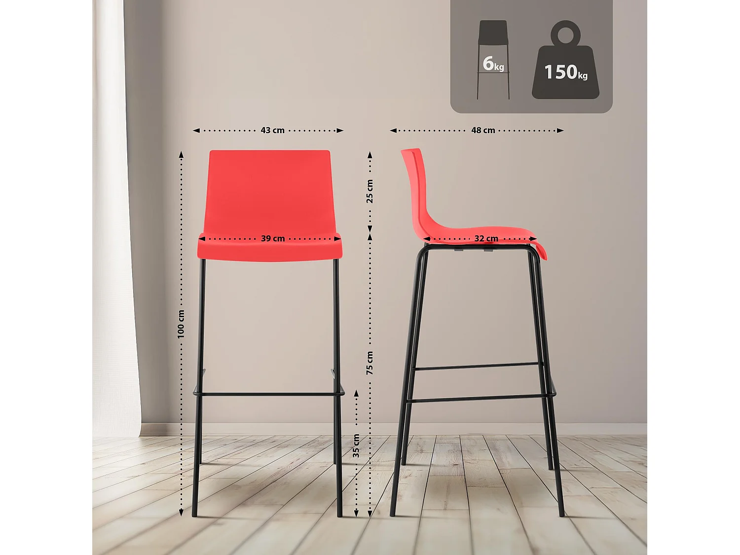 Lot de 2  Tabouret de bar - Plastique & Noir - Rouge - Hover