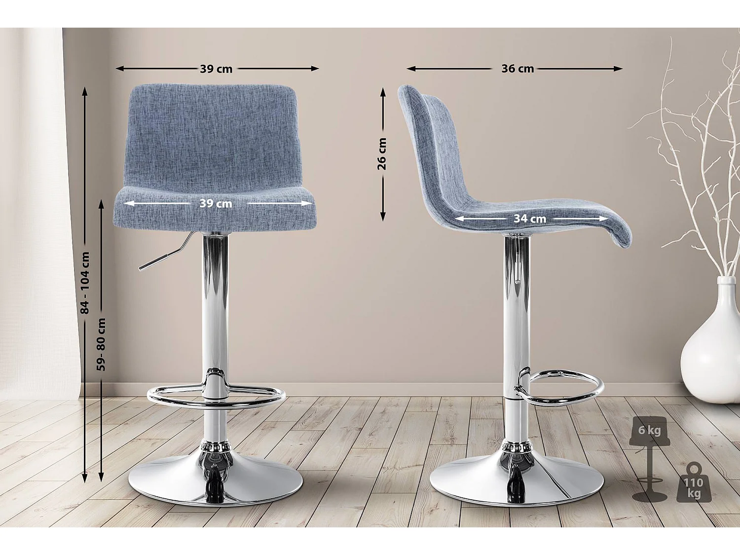 Tabouret de bar - Tissu & Métal chromé - Bleu - Hover