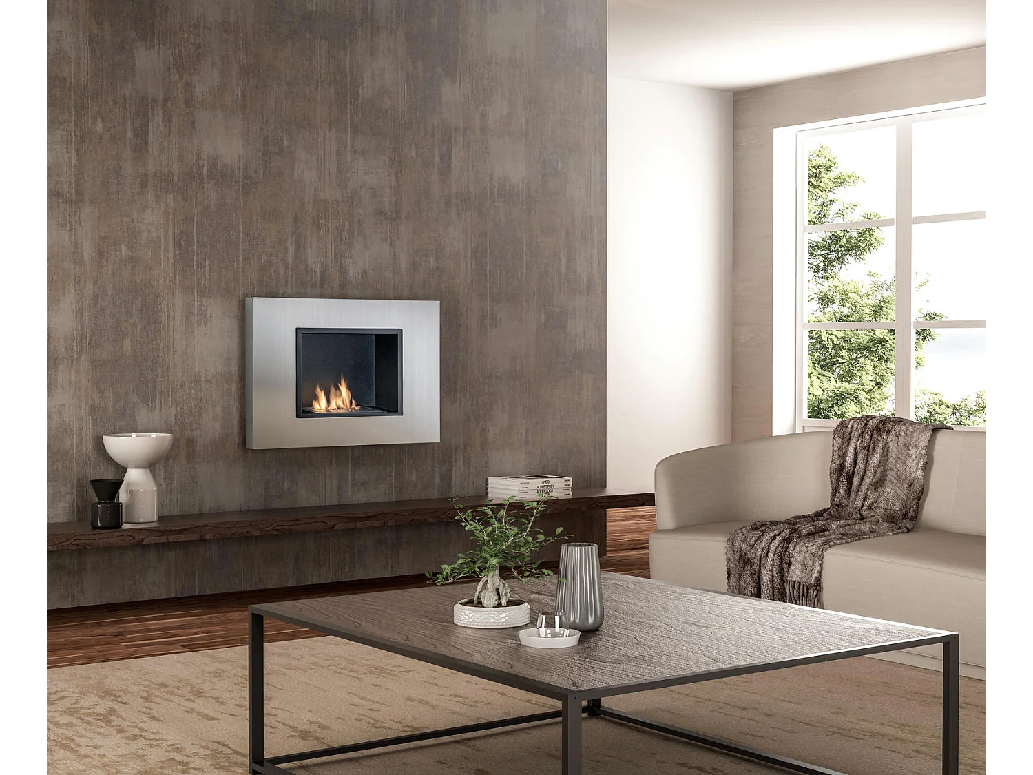 Design-Bioethanol-Wand-Biokamin in Chromgrau 78 x 17 x H 54 cm