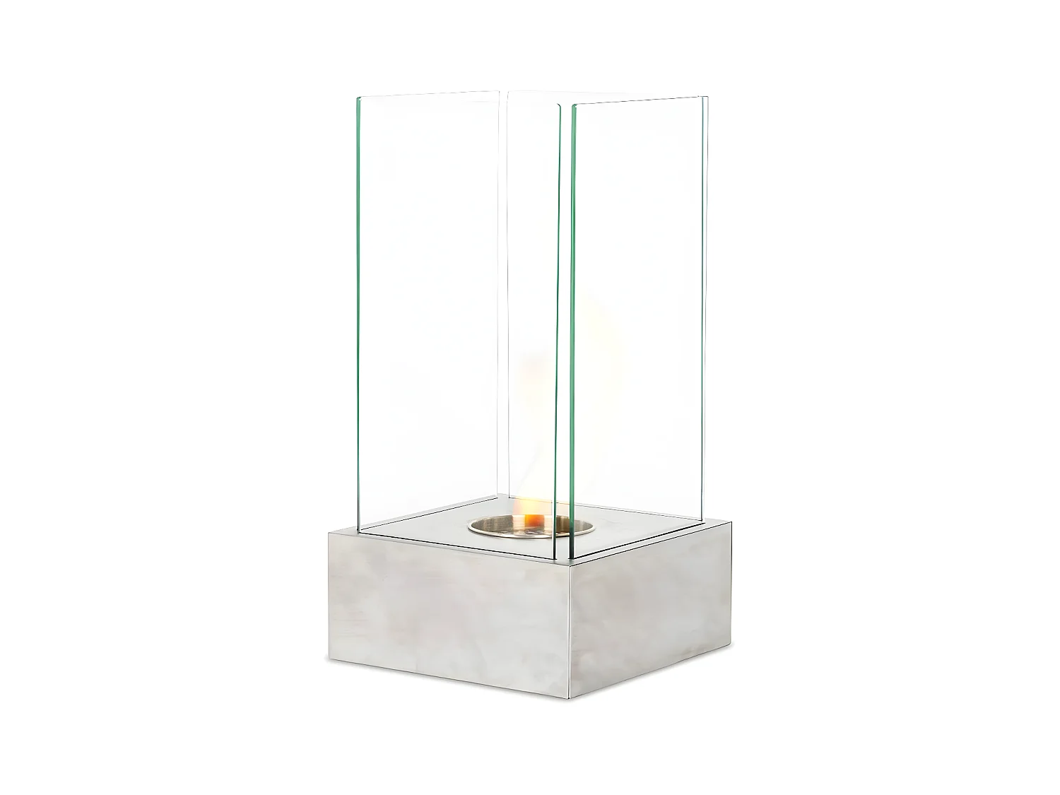 Cheminée bioéthanol au sol design en gris chrome 25 x 25 xh 65 cm