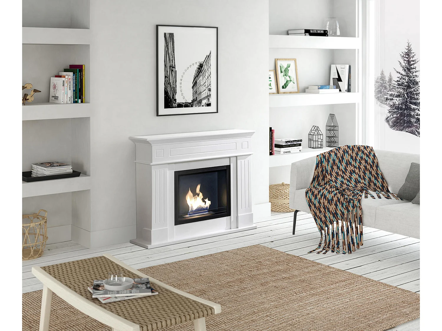 Nostalghia - Biokominek stojący z białej lakierowanej płyty MDF