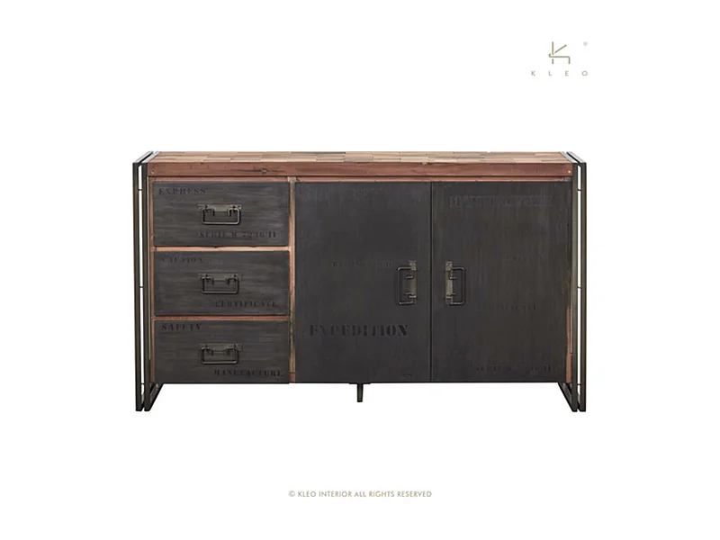 Nautical buffet en bois de bateau recyclé - 2 portes - 3 tiroirs - Styles Industriel - L160