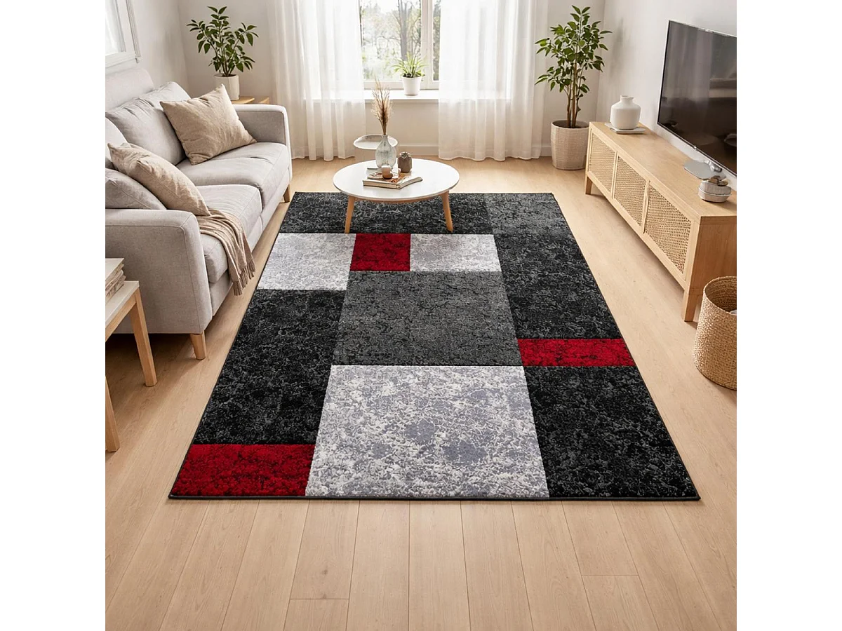tapis de couloir 80x150 tissé rouge et gris motif géométrique CARARELLE