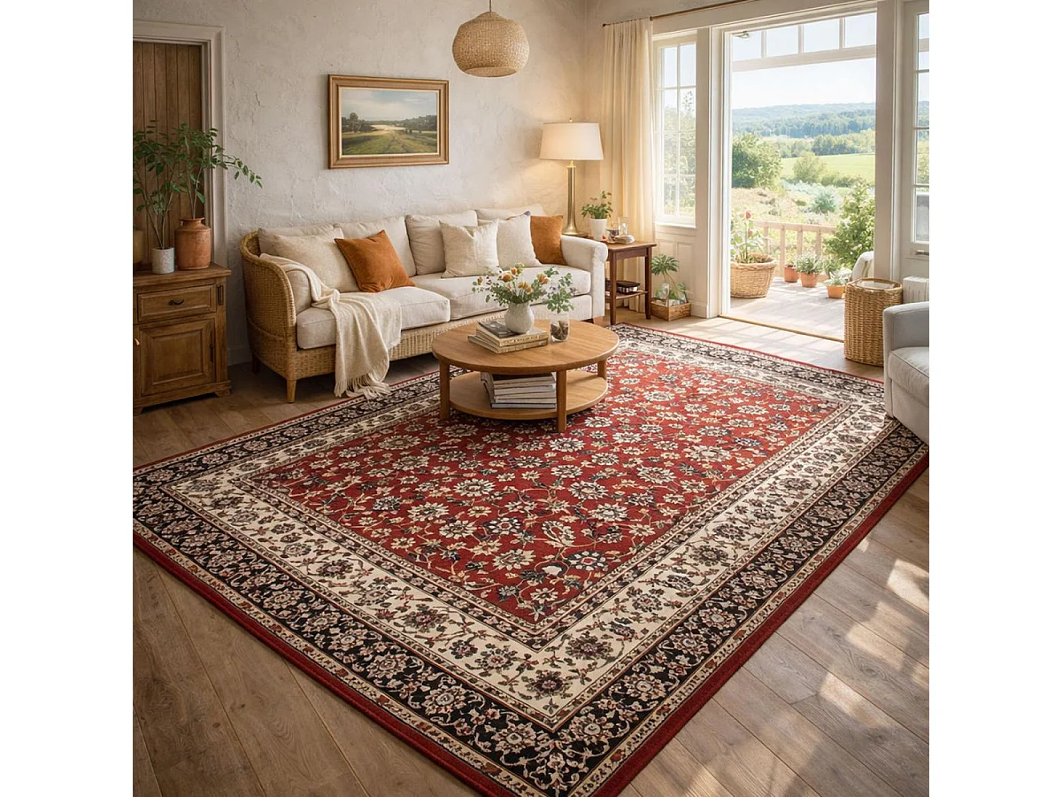 Tapis oriental 140x200 rectangle rouge tissé motif ancestral LYN1 NOMED