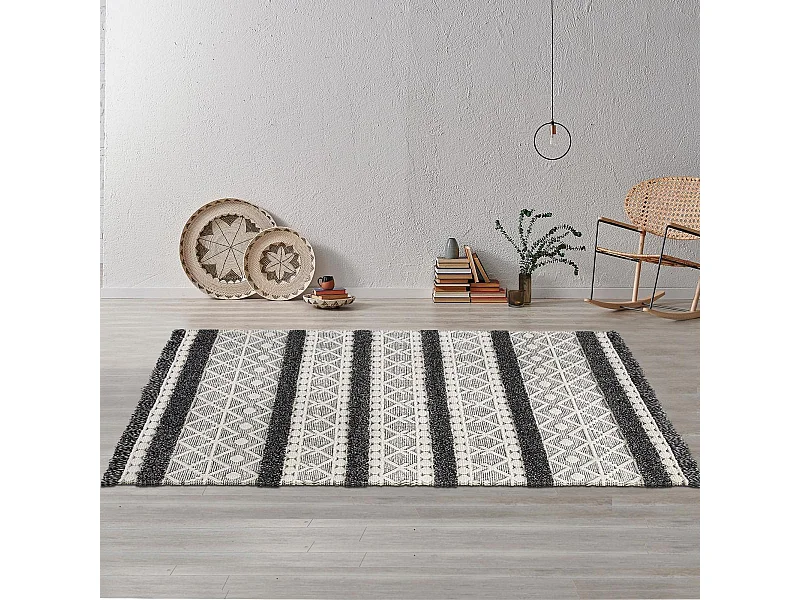 tapis entrée 130x190 tissé en laine crème rectangle motif ethnique NOUKA