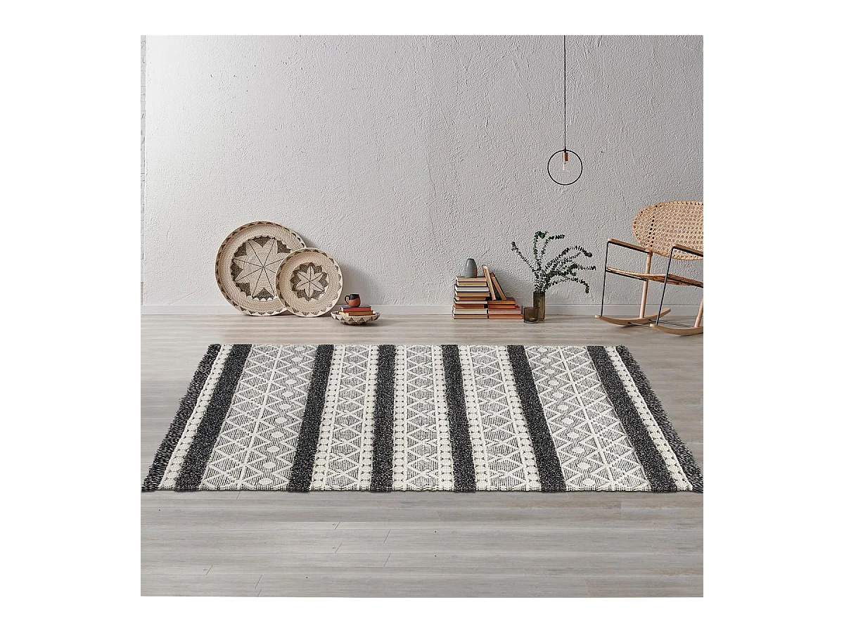 tapis entrée 130x190 tissé en laine crème rectangle motif ethnique NOUKA