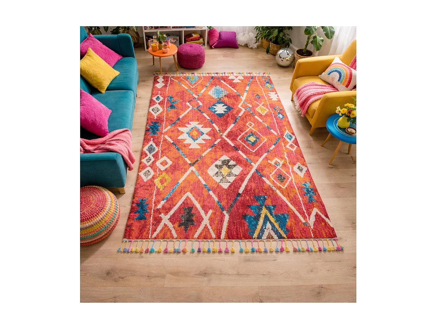 Tappeto berbero 120x170 motivi tribali intrecciati OURIKA blu e giallo