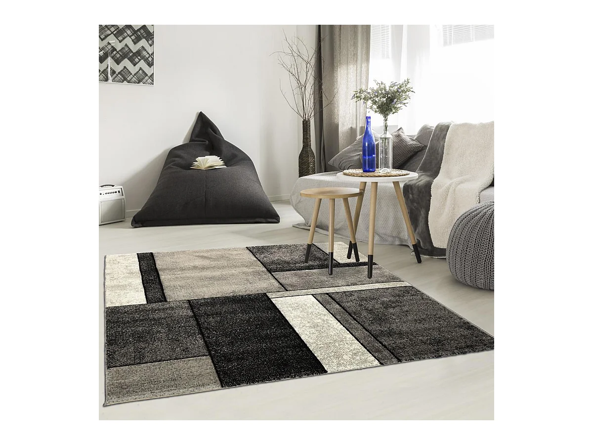 tapis salon 120x170 tissé gris rectangle motif géométrique BI 61