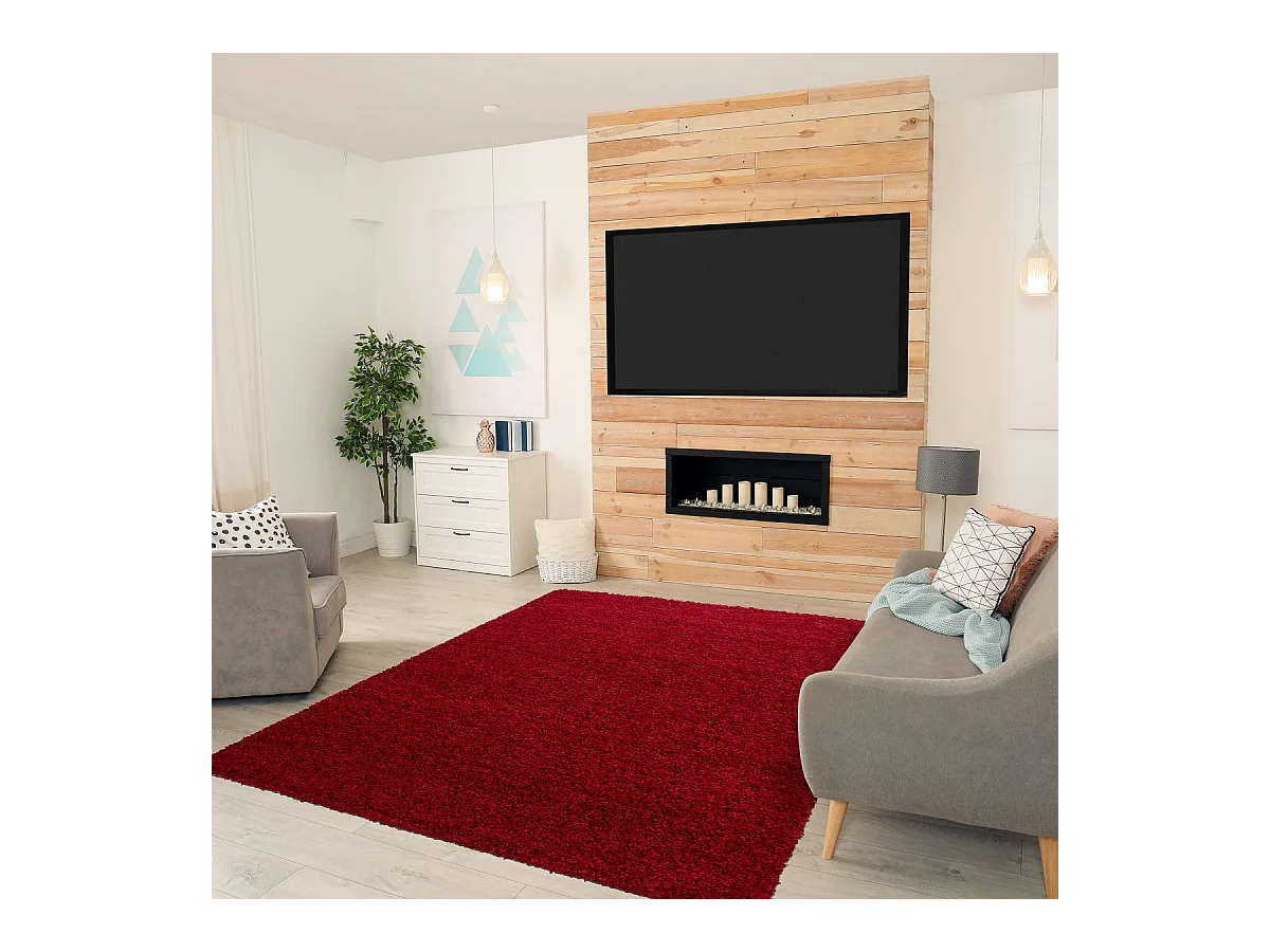 Tapis poils longs shaggy Ø200cm rond tissé rouge motif uni UNI L