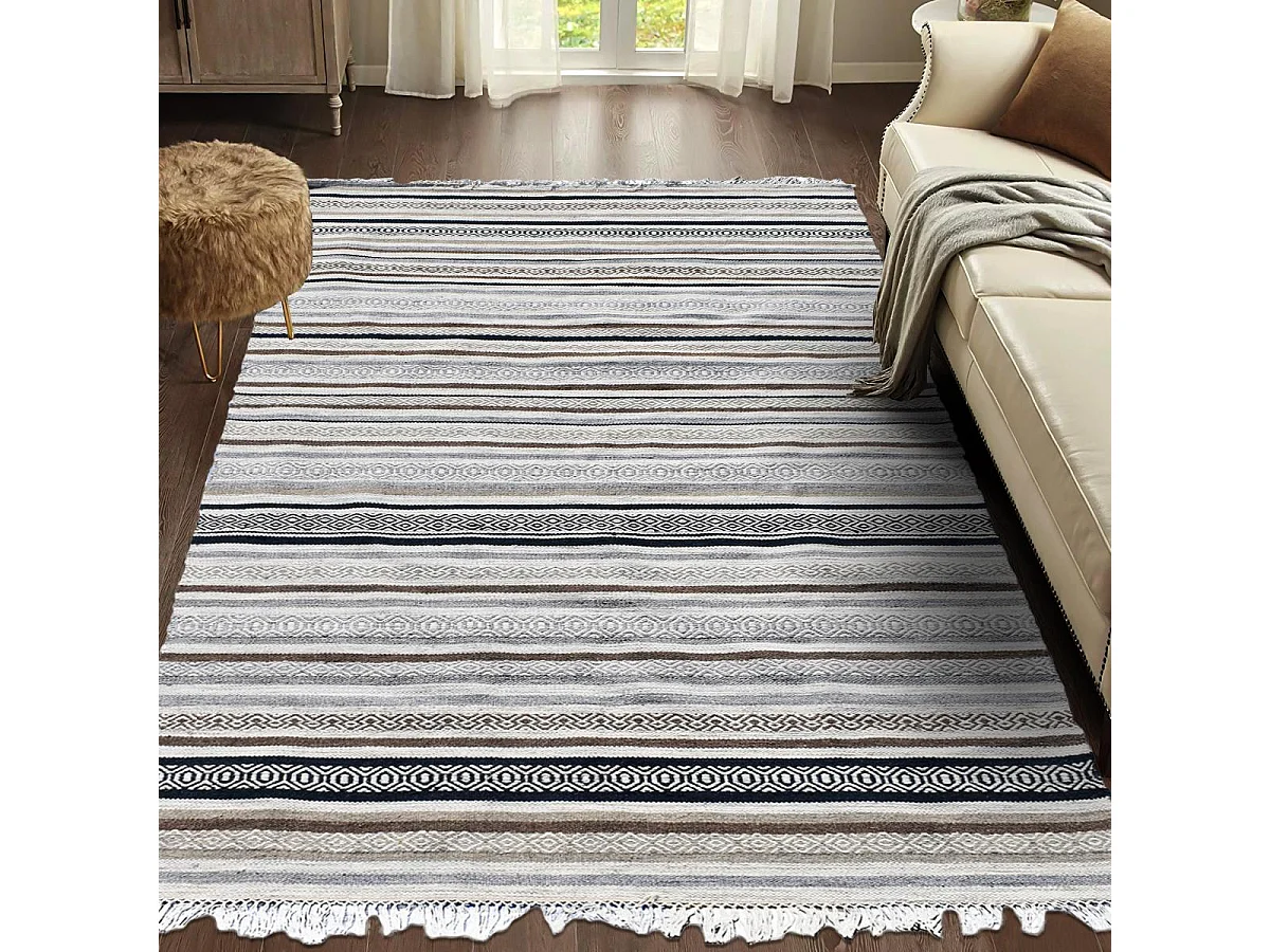 Tapis kilim 240x340 rectangle fait à la main en laine beige et marron