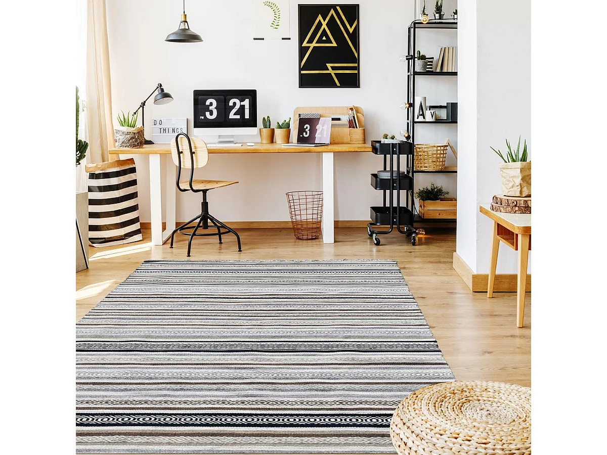 Tapis kilim 240x340 rectangle fait à la main en laine beige et marron