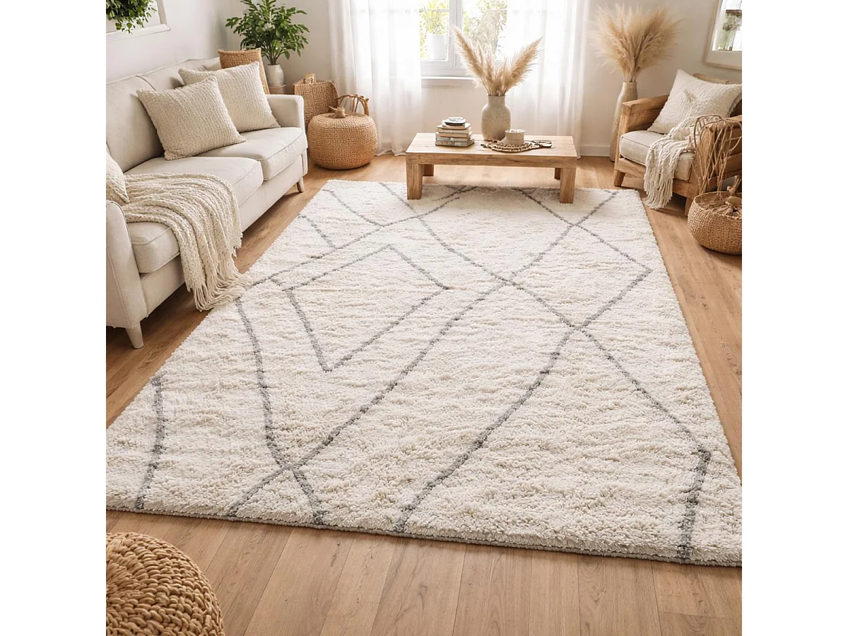 Tapis longs poils shaggy 60x110 rectangle tissé crème motif berbère LYN4 DOUX 6