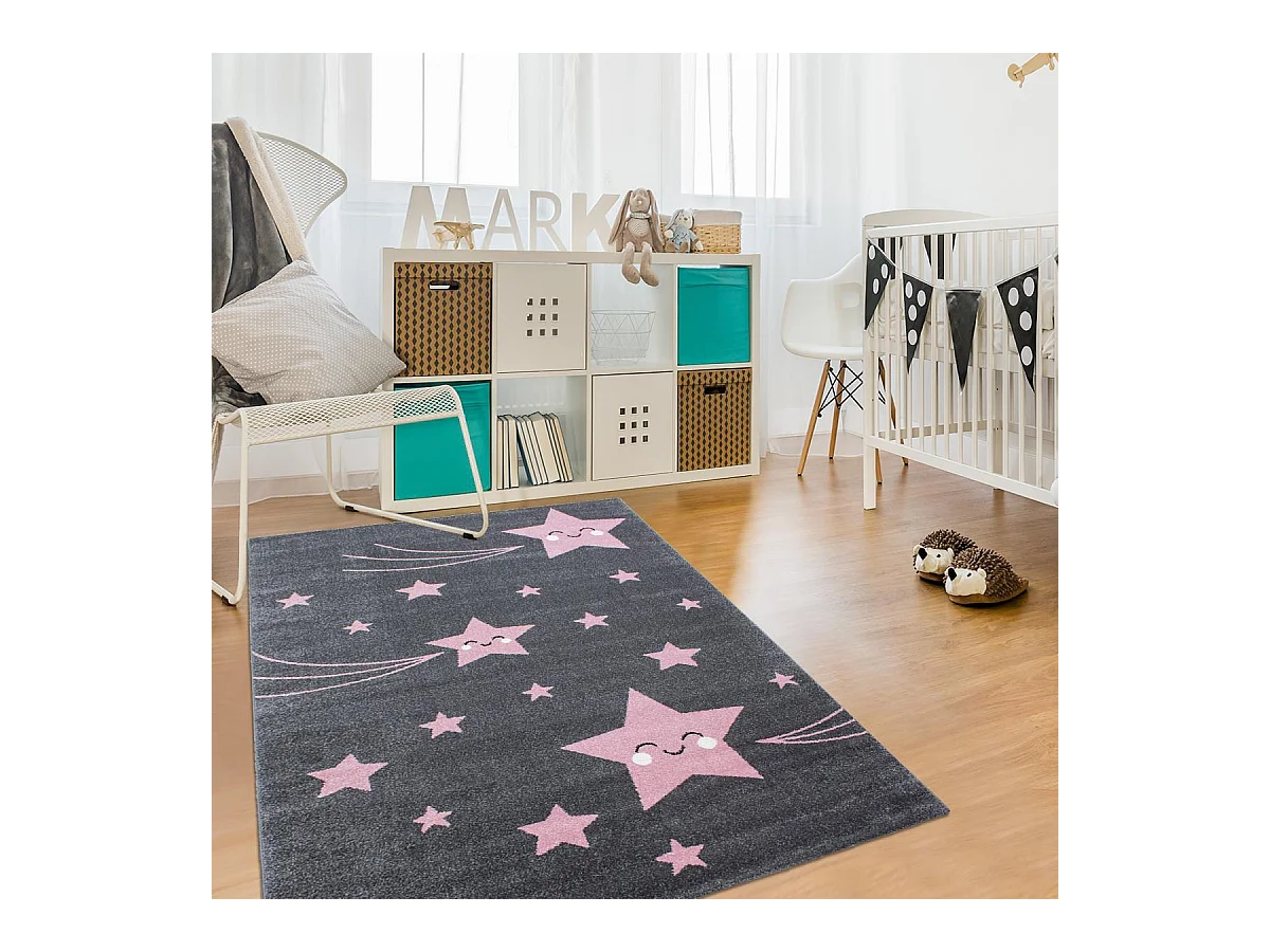 Tapis enfant 160x230 rectangle tissé rose et gris KID STARS