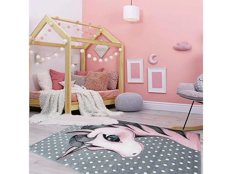Tapis enfant 120x170 tissé rose et gris motif animaux KID DREAM