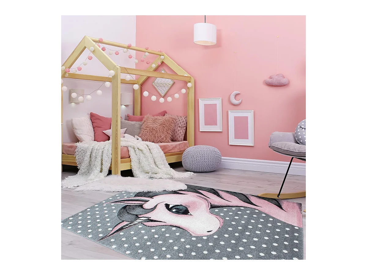 Tapis enfant 120x170 tissé rose et gris motif animaux KID DREAM