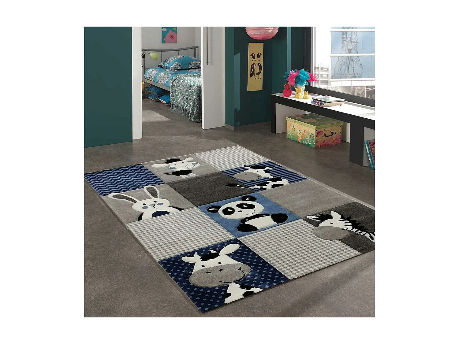 Tapis enfant 140x200 rectangle tissé bleu et gris motif animaux ZOO