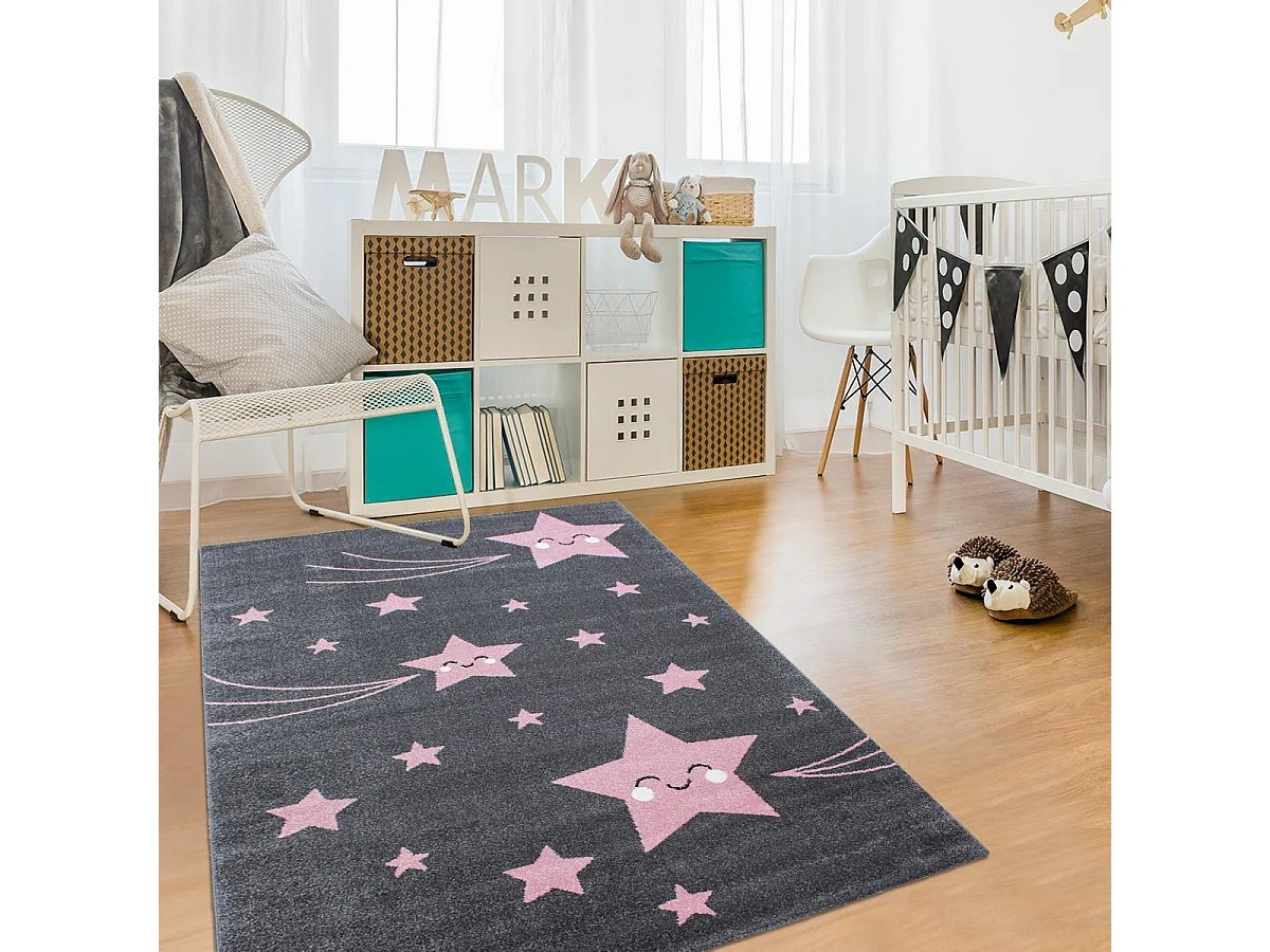 Tapis enfant 120x170 rectangle tissé rose et gris KID STARS