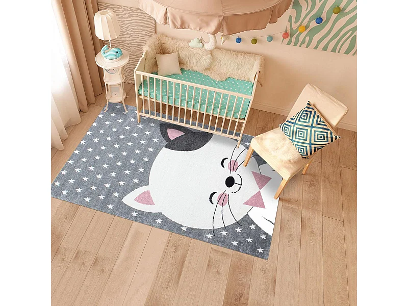 Tapis enfant 160x230 tissé rose et gris motif animaux KID CHAT