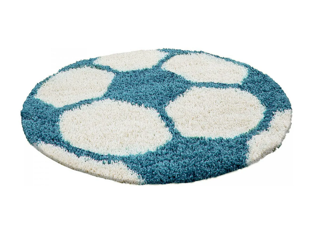 Tapis enfant Ø100cm rond tissé turquoise et crème SHAGGY FOOT