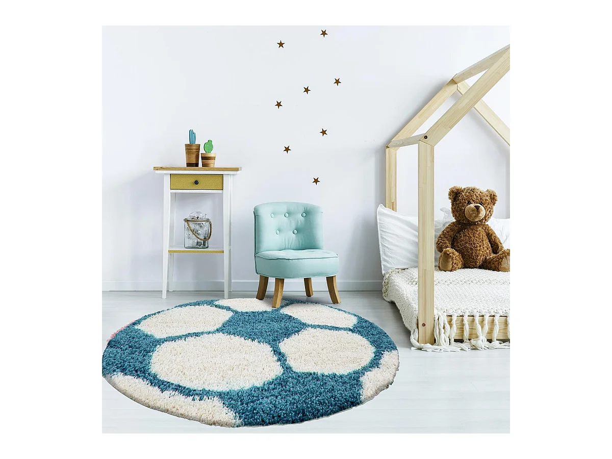 Tapis enfant Ø100cm rond tissé turquoise et crème SHAGGY FOOT