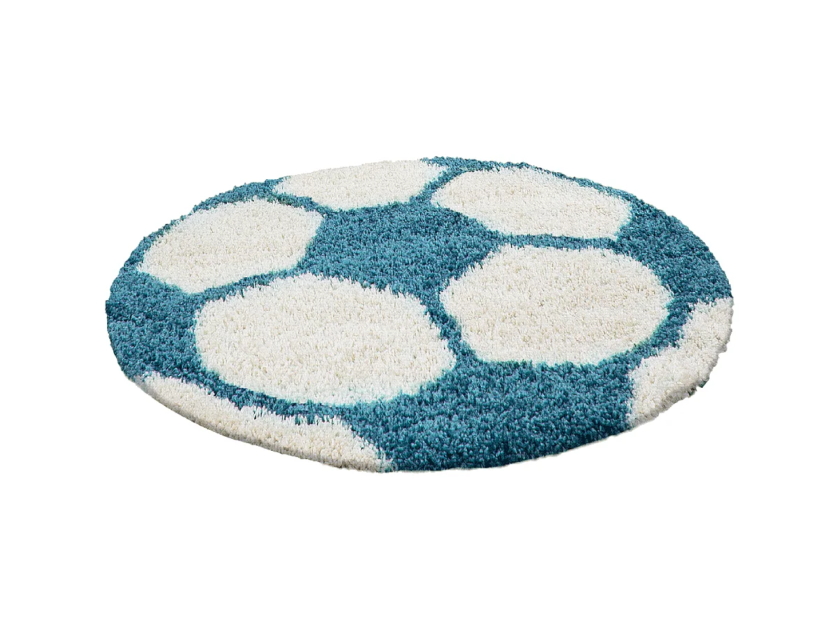 Tapis enfant Ø100cm rond tissé turquoise et crème SHAGGY FOOT