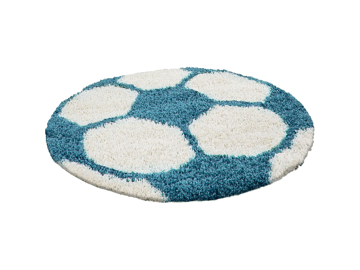 Tapis enfant Ø100cm rond tissé turquoise et crème SHAGGY FOOT