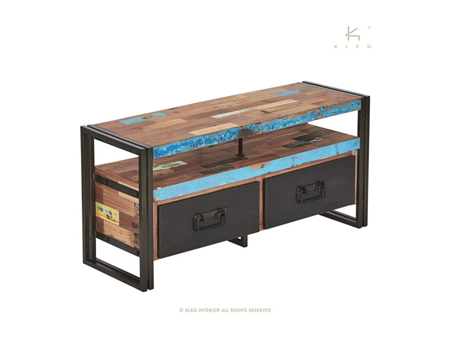 Nautical meuble TV en bois de bateau recyclé - 2 tiroirs - 2 niches - Style Industriel - L112