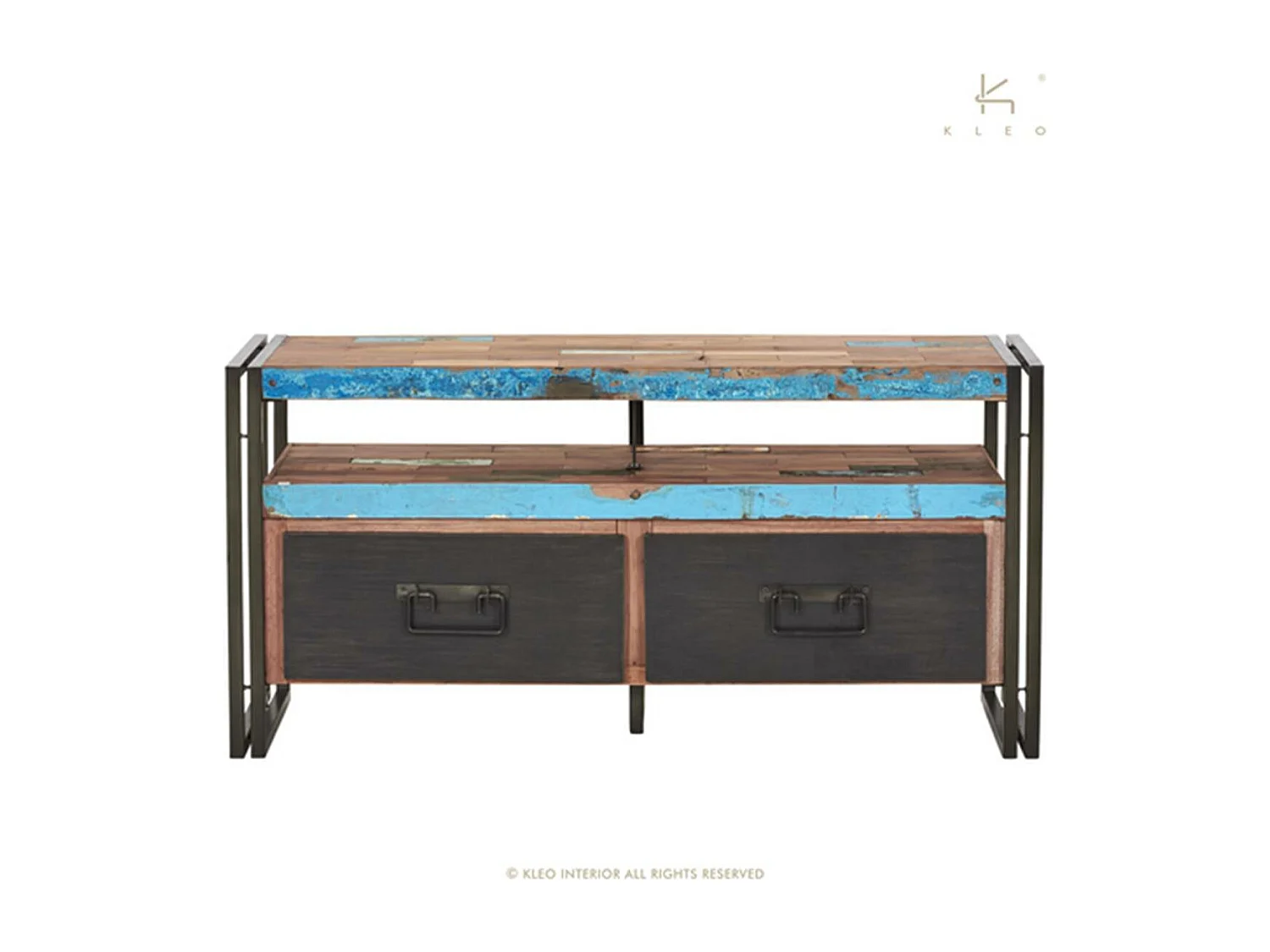 Nautical meuble TV en bois de bateau recyclé - 2 tiroirs - 2 niches - Style Industriel - L112