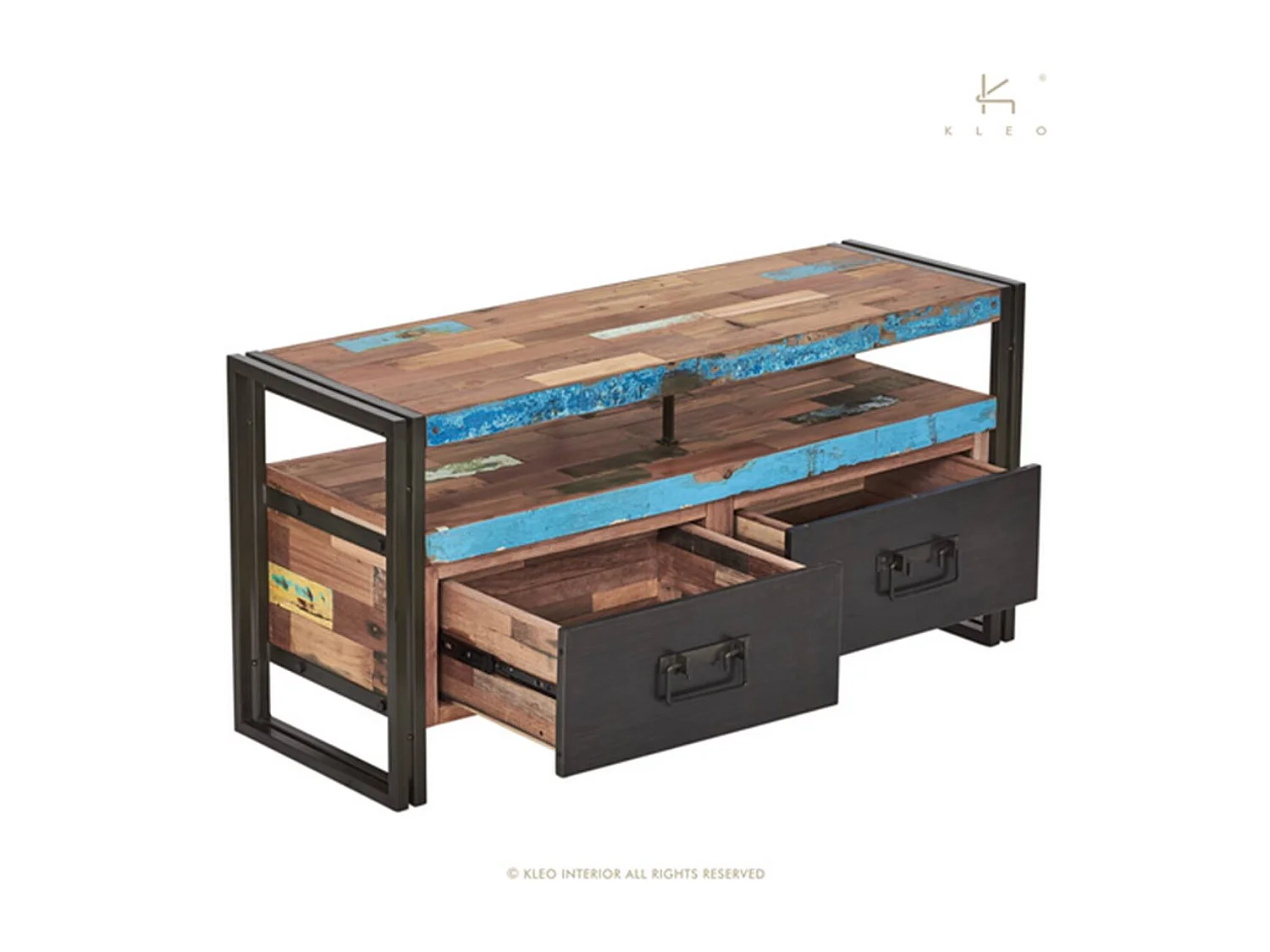 Nautical meuble TV en bois de bateau recyclé - 2 tiroirs - 2 niches - Style Industriel - L112