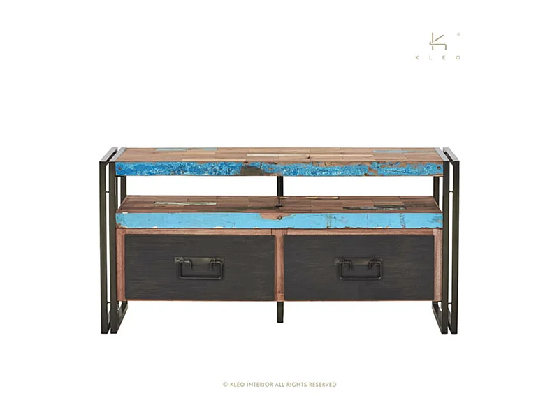 Nautical meuble TV en bois de bateau recyclé - 2 tiroirs - 2 niches - Style Industriel - L112