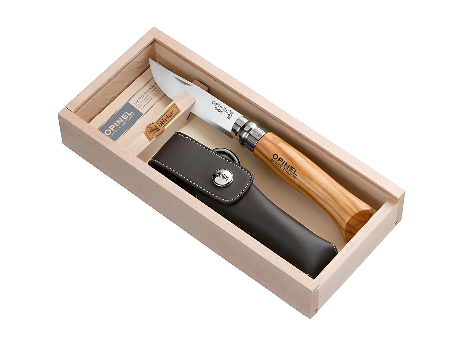 Plumier cuchillo N°8 de madera de olivo con funda Opinel