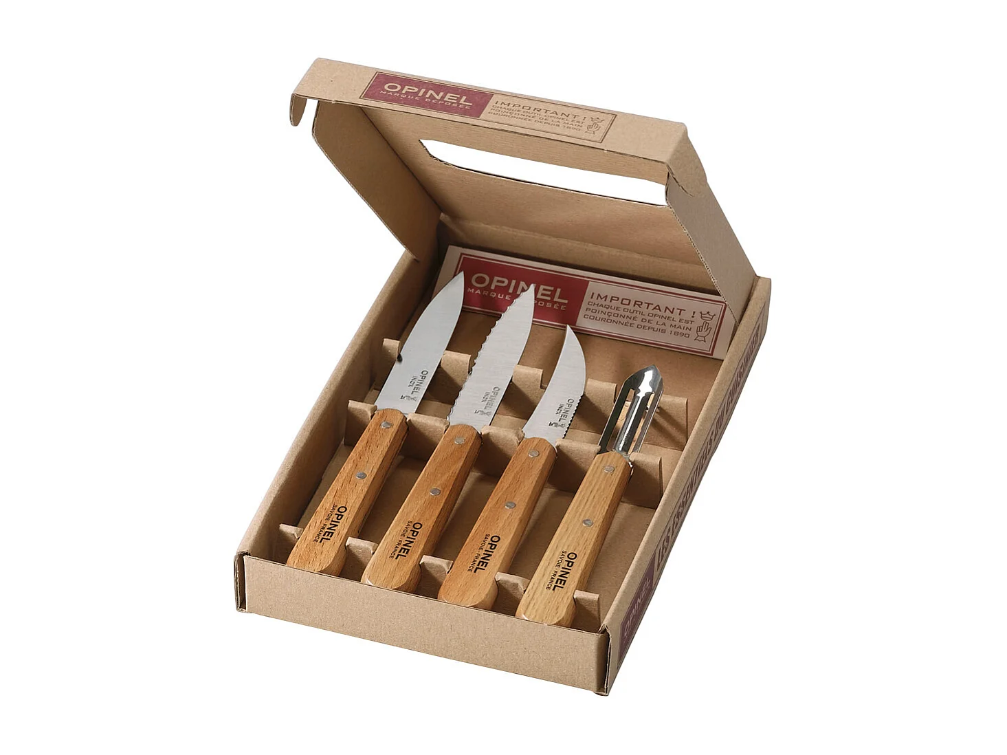 Set van 4 Opinel messen van natuurlijk beukenhout