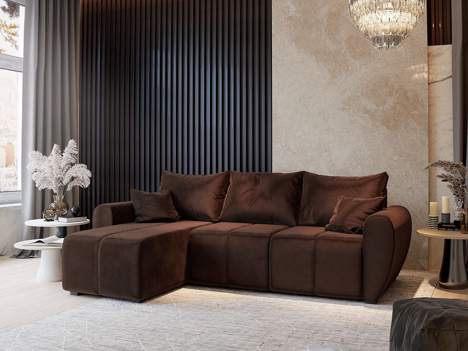 Canapé d'angle MADISON Marron en peluche avec fonction de couchage