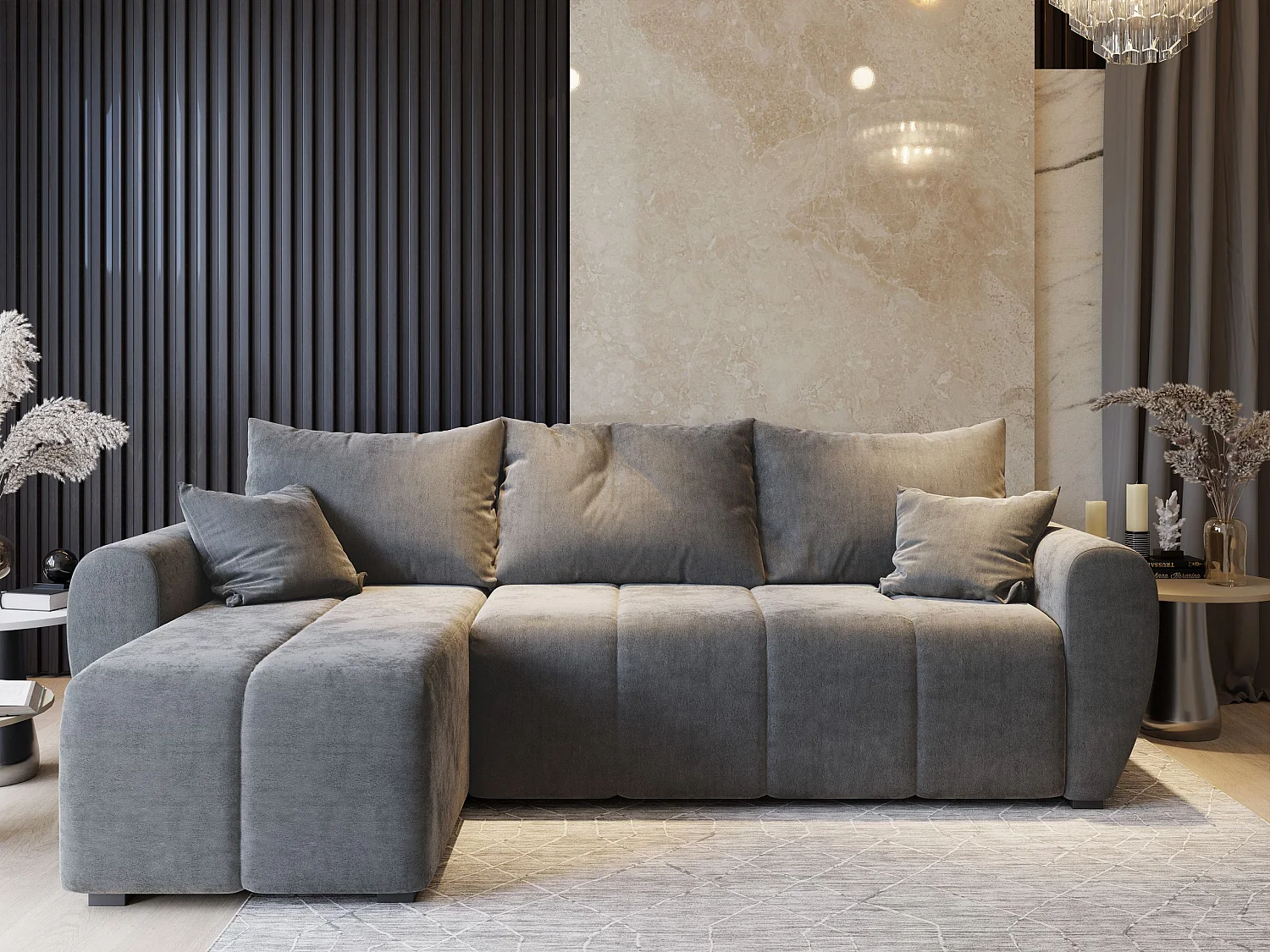 Canapé d'angle MADISON Marron en peluche avec fonction de couchage