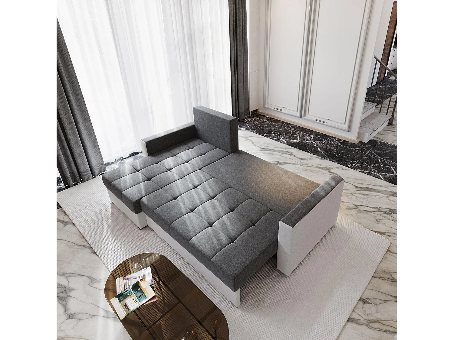 Canapé d'angle KOS PIK Gris en peluche avec fonction de couchage