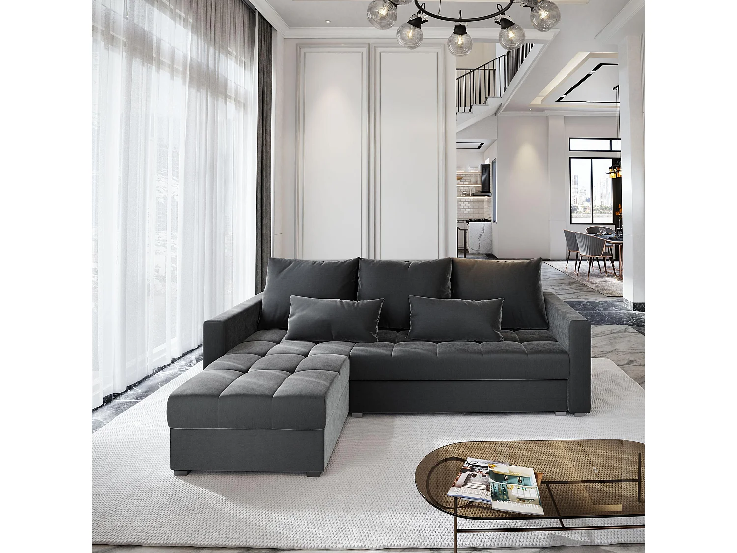 Canapé d'angle KOS PIK Gris en peluche avec fonction de couchage